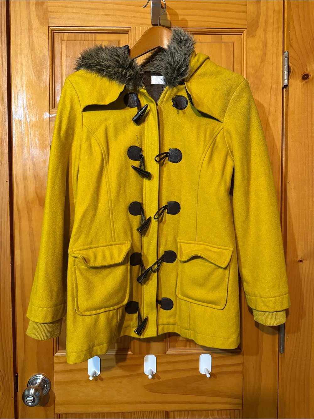 Women’s Mustard Yellow Toggle Coat with Faux-Fur Hood